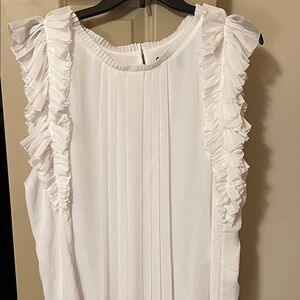 White House Black Market White Blouse with Ruffle Trim